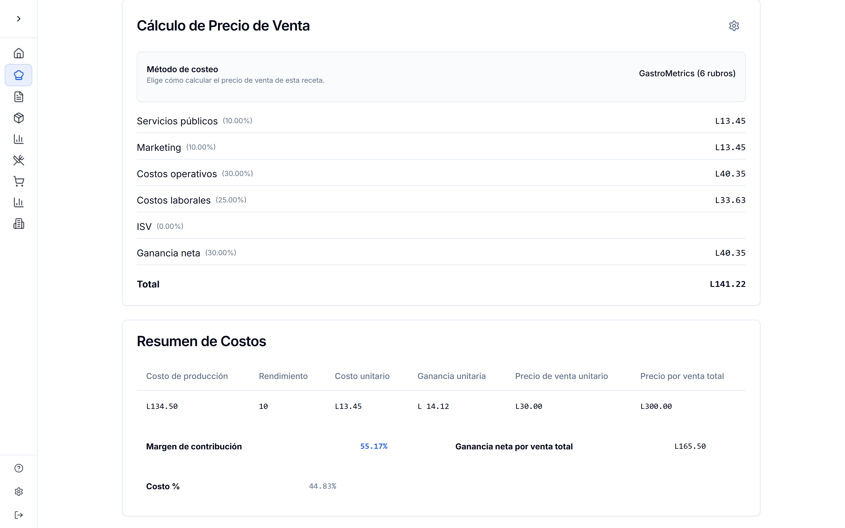 Desglose de los 6 rubros de costeo y el resumen de costos con margen de contribución