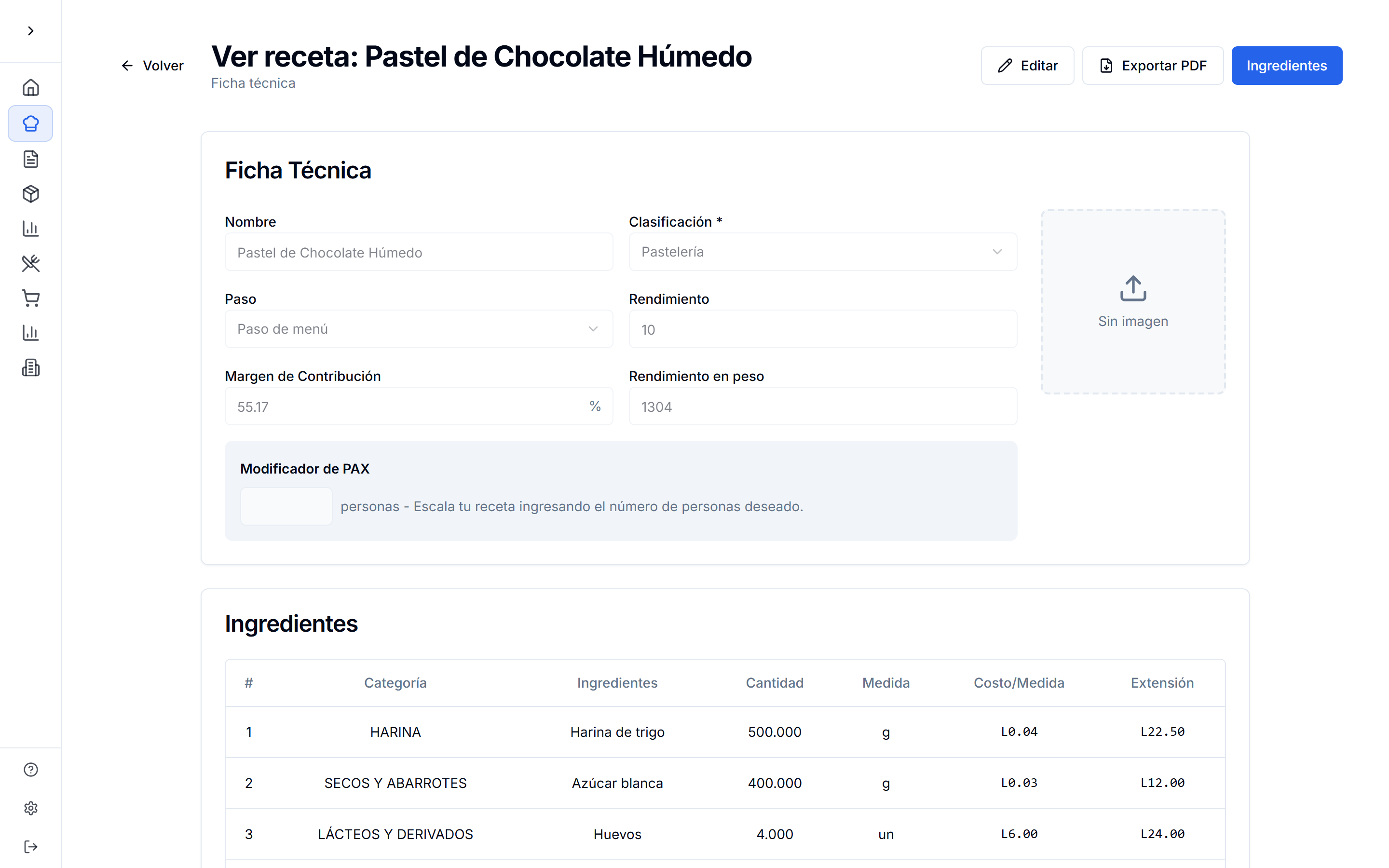 Ficha técnica de Pastel de Chocolate Húmedo con la tabla de ingredientes y sus costos