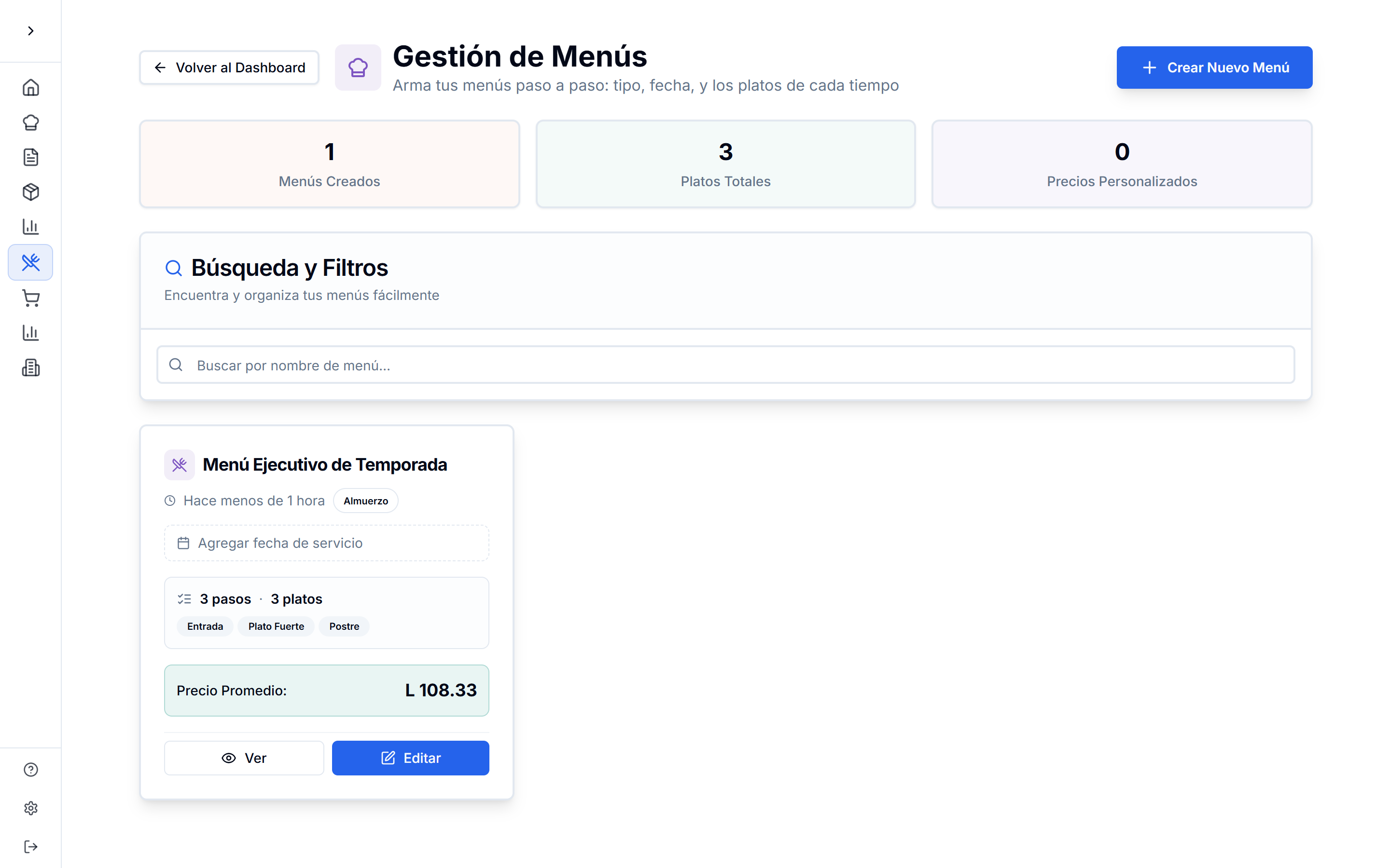 Menú Ejecutivo de Temporada con 3 pasos (Entrada, Plato Fuerte, Postre) y precio promedio