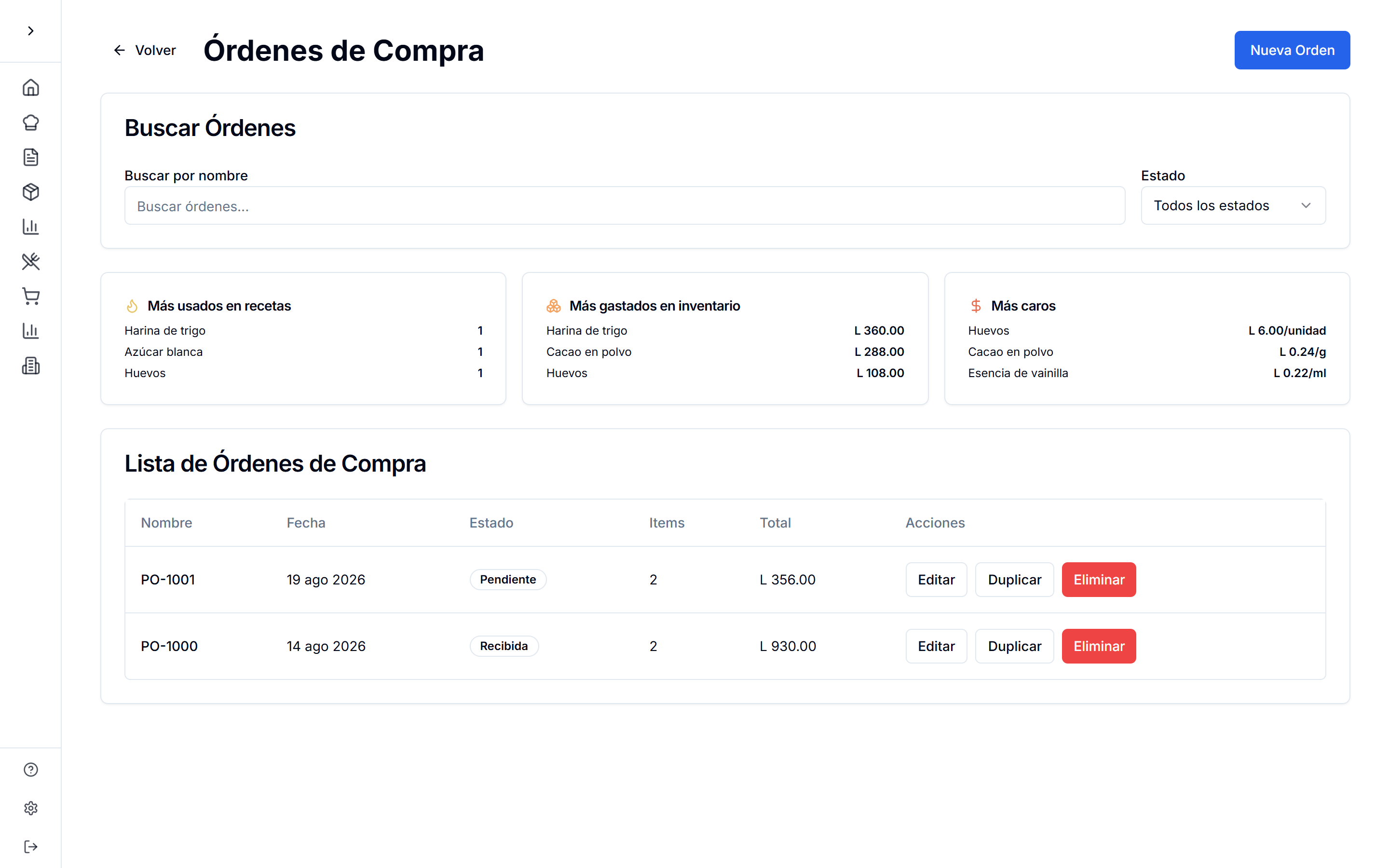 Lista de órdenes de compra con estado, total, e insights de ingredientes más usados y más caros